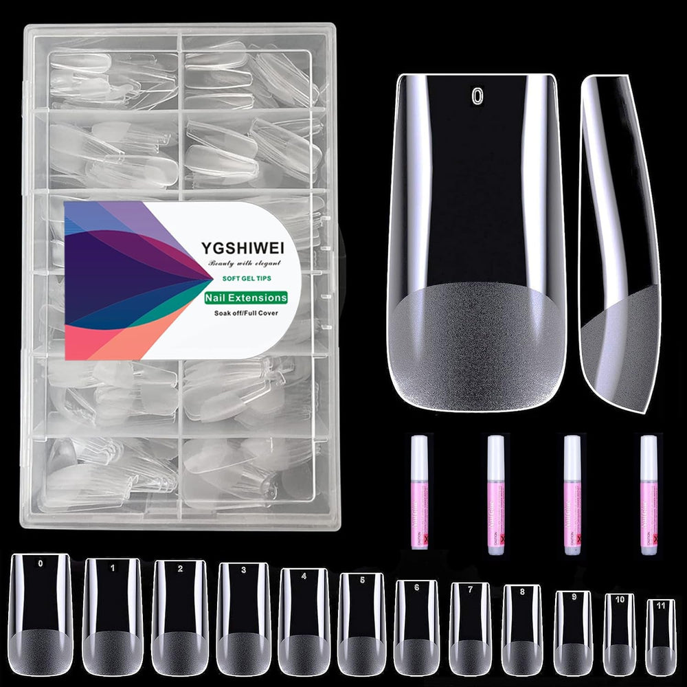 Lot de 504 faux ongles à couverture complète, 12 tailles, avec colle à ongles, ongles artificiels en acrylique avec boîte de rangement pour salons de manucure et bricolage à domicile (carré)