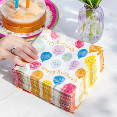 Serviettes de table en papier de haute qualité Happy Birthday Smiley Face Serviettes en ballon pour la restauration de fête Serviettes jetables écologiques compostables durables recyclables