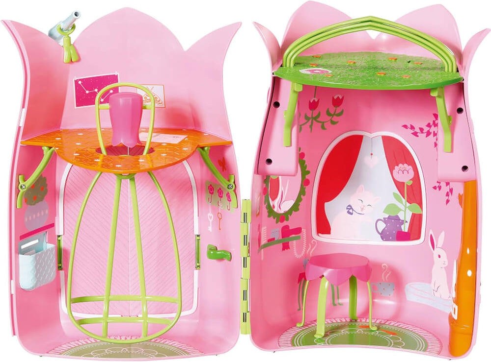 BABY Born Storybook Cottage, Maison de poupée pliante pour poupées de 18 cm avec table, cheminée, chaise longue et télescope, rose vert, 833803 Zapf Creation Dollhouses Naty Shop