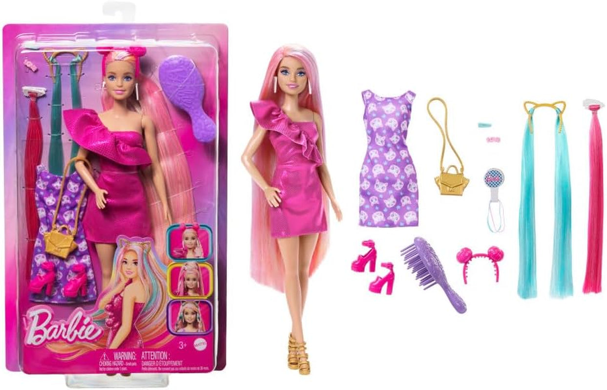 Barbie Totally Hair - Poupée avec cheveux arc-en-ciel extra longs faciles à coiffer et 10 accessoires de mode et de coiffure, robe à pois color block, pour 3 ans et plus, HKT96