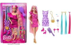 Barbie Totally Hair - Poupée avec cheveux arc-en-ciel extra longs faciles à coiffer et 10 accessoires de mode et de coiffure, robe à pois color block, pour 3 ans et plus, HKT96