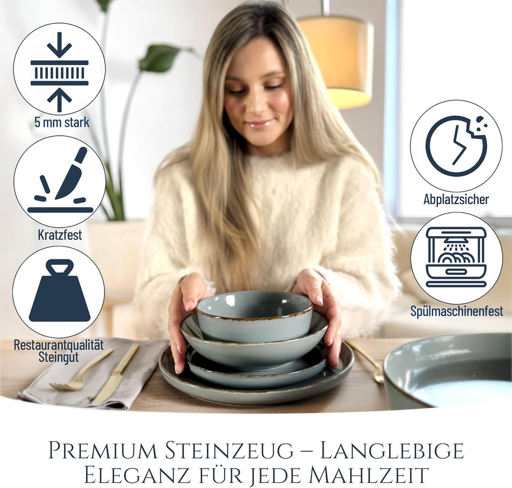 Steingut Geschirrset 6 Personen Rustique 24 tlg. TESTSIEGER, Hochwertiges Landhaussttil Steingut Geschirr Set, Schüssel- und Teller Set, Tafelservice 6 Personen, Geschirrsets Pure Living à Rauchblau