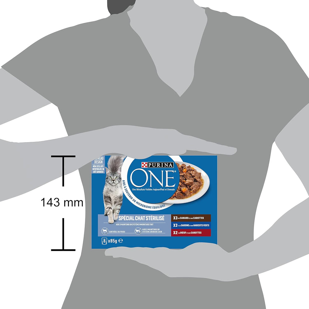 PURINA UN | BIFENSIE | Aliments pour chats adultes stérilisés | Soutient la vitalité, les os, les muscles et les articulations du chat | En sauce | Pochettes au canard, sardines, bœuf, fraîcheur | 1 pièce (8x85g)