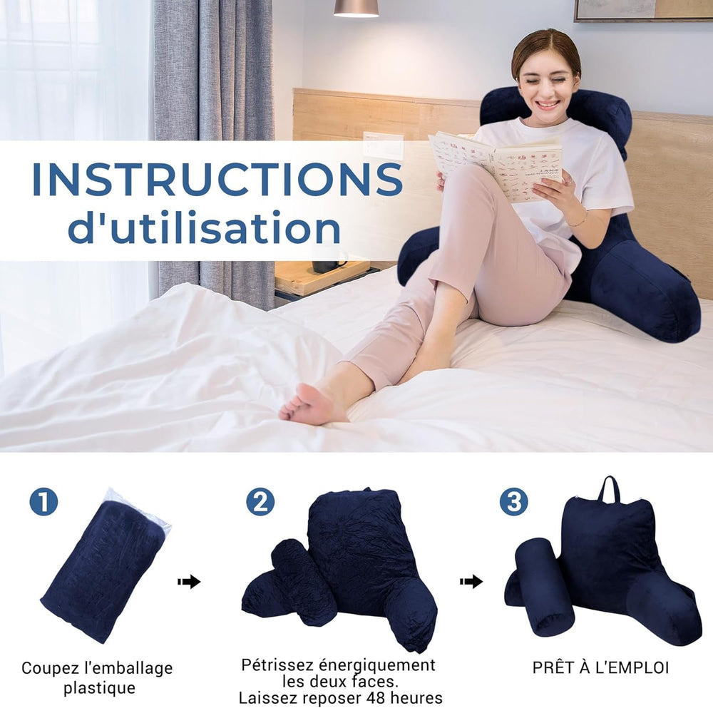 Pernă ergonomică pentru citit INFANZIA cu cotiere, suport pentru spate, bleumarin