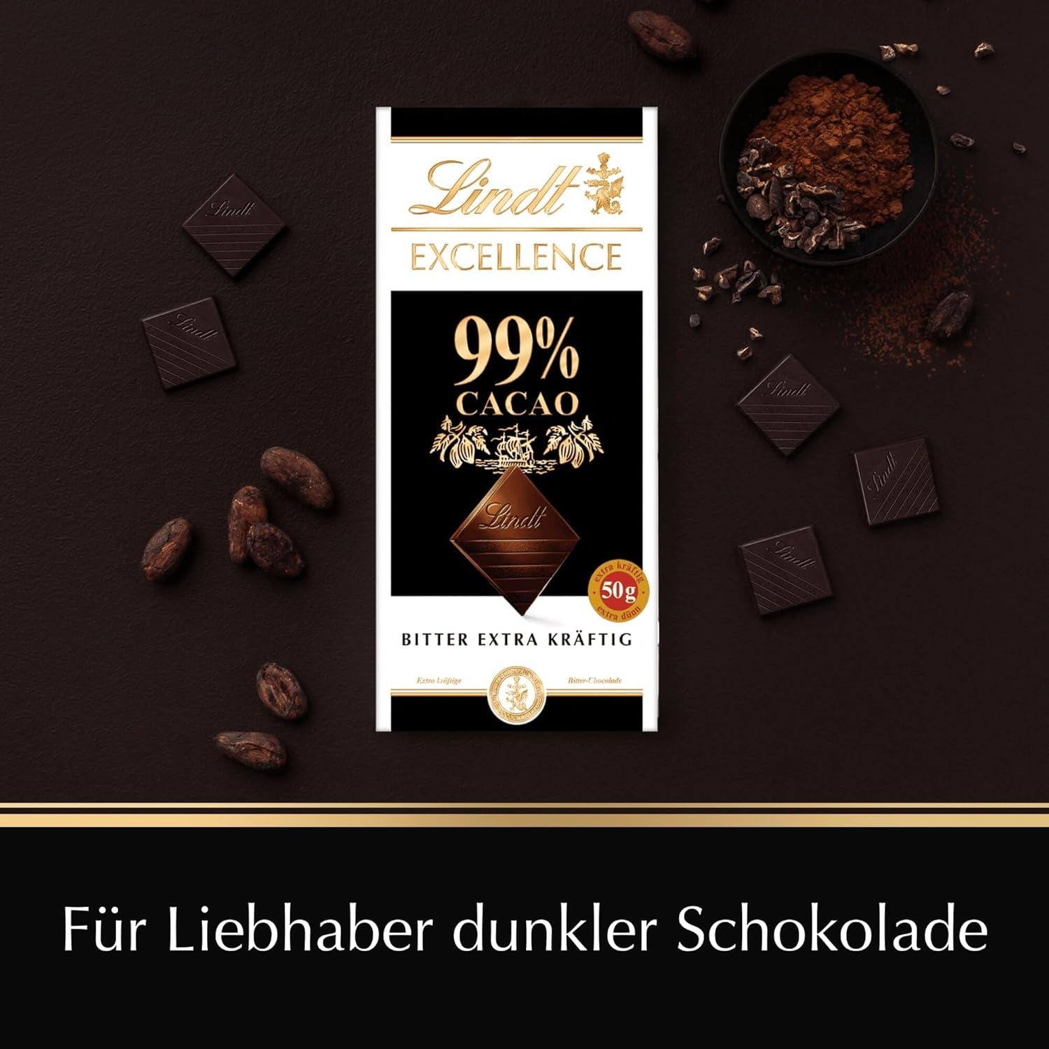 Lindt EXCELLENCE 99% Kakao - Edelbitter-Chocolat | 50 G Tafel | Chocolat amer extra kräftige | Intensificateur Kakao-Geschmack | Chocolat noir | Chocolat végétalien | Schokoladengeschenk Naty Boutique