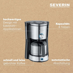 Machine à expresso SEVERIN "TypeSwitch" avec carafe thermique, AromaSwitch pour choisir entre 2 profils de distribution, machine à café jusqu'à 10 tasses, 1000W, acier inoxydable brossé-noir, KA 4845