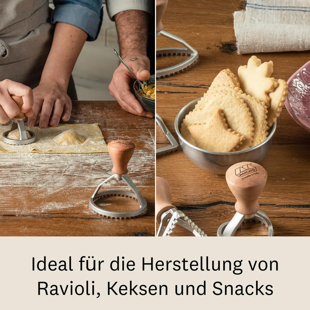 Marcato Machine à raviolis et biscuits, machine à raviolis, emporte-pièces, bois massif et fonte d'aluminium, fabriqué en Italie, tampon rond 80 mm
