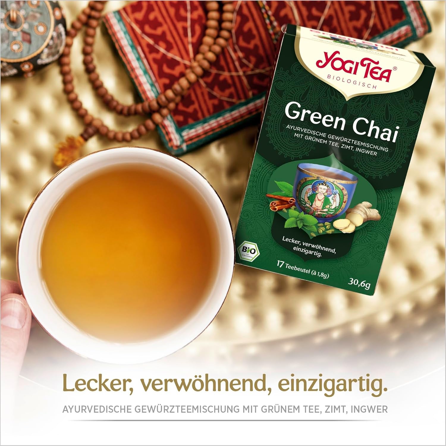 Yogi Tea Green Chai, thé épicé ayurvédique biologique, mélange de cannelle, menthe, thé vert, gingembre, cardamome et clou de girofle, 6 x 17 sachets de thé (102 sachets de thé au total)