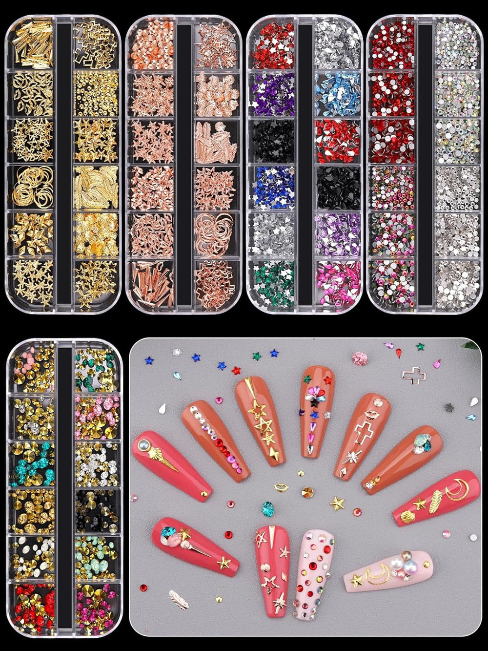 EBANKU Nail Art Strass Kit Multi Design Zubehör Mit 1 Pinzetten 1 Stück Wachsstifte Deko Diamanten Kristalle Perlen Edelsteine ​​​​Bunt Pferdeaugen Strass Metall Nieten Für Nagel DIY (1 Stück (10Er Pack))