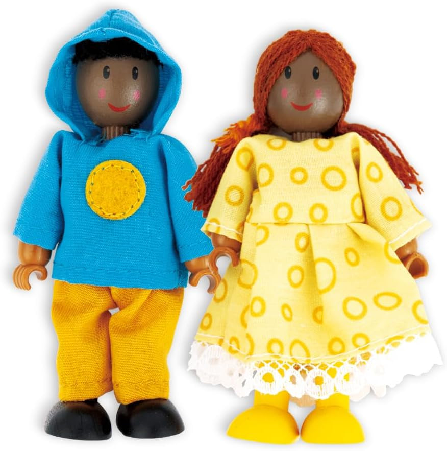Hape Doll Family - Ensemble d'accessoires de maison de poupée en cuir foncé 6 pièces avec figurines en bois et en tissu, jeu de simulation, jouet éducatif, jouet d'apprentissage interactif pour enfants à partir de 3 ans