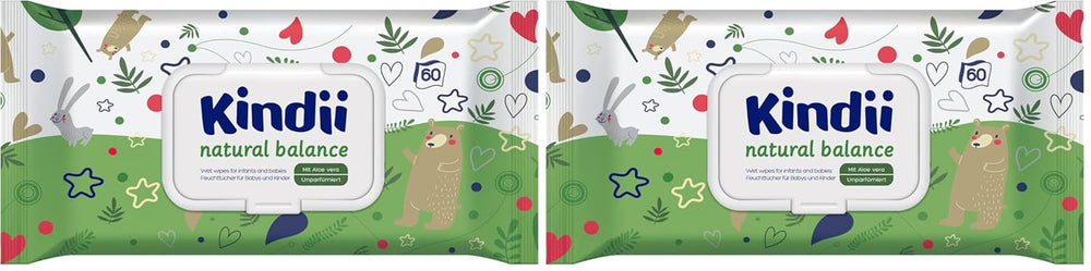 Lingettes humides Kindii Natural Balance pour bébés – (1 x 60 pcs.) Lingettes humides pour bébés et enfants – Protectrices, Aloe Vera, Parfum délicat – 60 pcs.