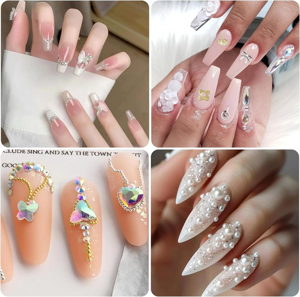 Coffret de 4 porte-clés à ongles – 48 types de porte-clés à ongles 3D dorés et argentés (papillons, fleurs, perles, etc.) + pince à épiler et stylo – pour ongles en gel et acrylique DIY | Idéal pour le salon de manucure et la maison