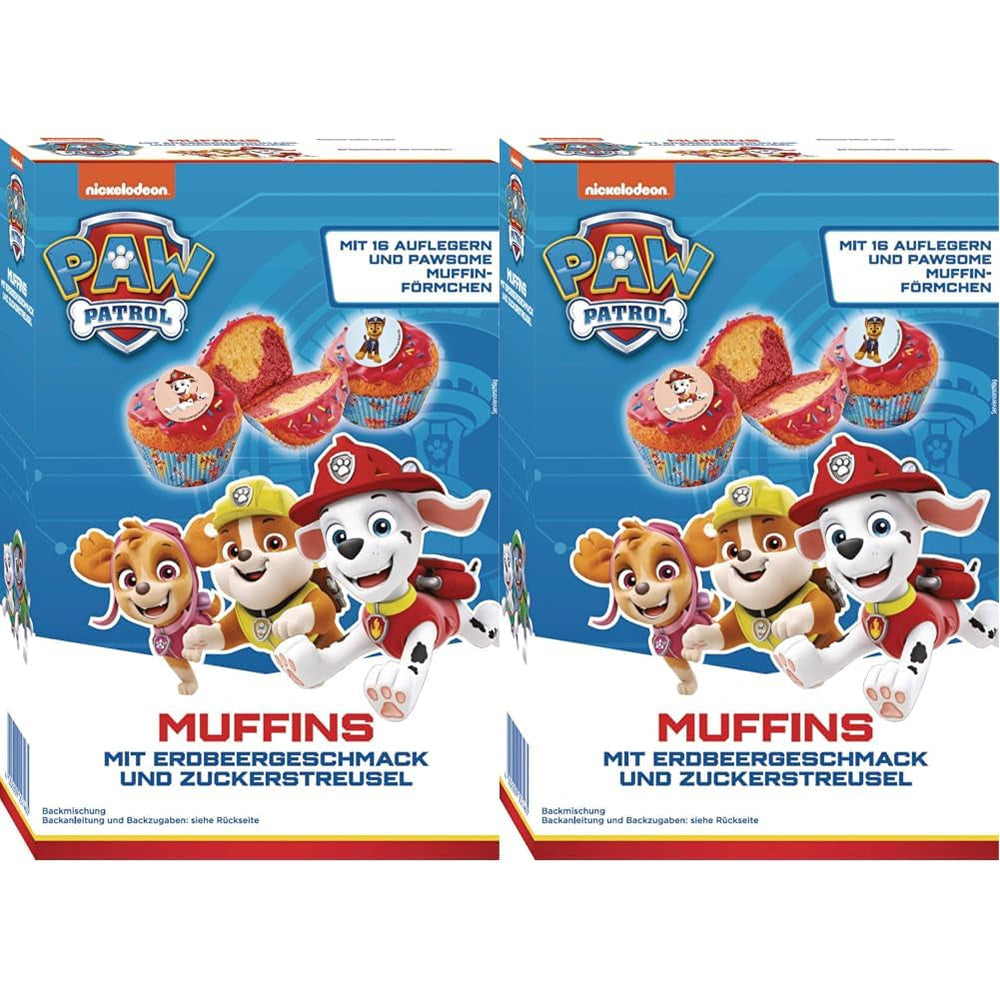 RUF X PAW Patrol Muffin Backmischung Mit Erdbeer-Geschmack, pour 12 Paw Patrol Muffins, Inkl.16 Oblaten-Auflegern et Pawsome Muffin-Förmchen, 1 X 394G Naty Shop 392 G (2Er Pack) Muffins