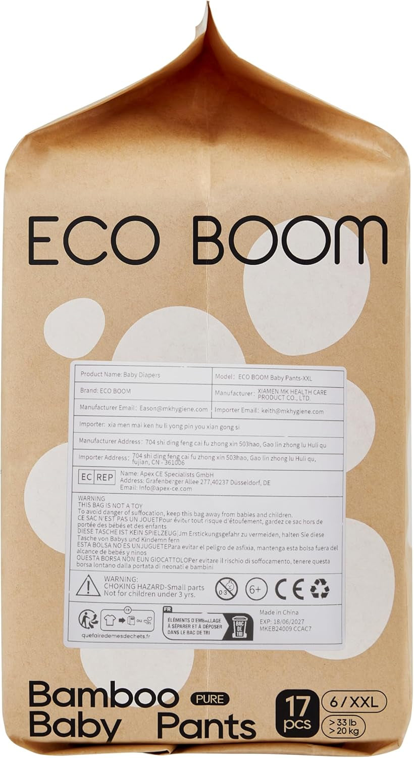 ECO BOOM Couches pour bébé en bambou - Taille 6 (20 kg), Couches pull-up à base de plantes (17 pièces) - Bio de qualité supérieure, sans parfum, respectueuses de la peau, super absorbantes