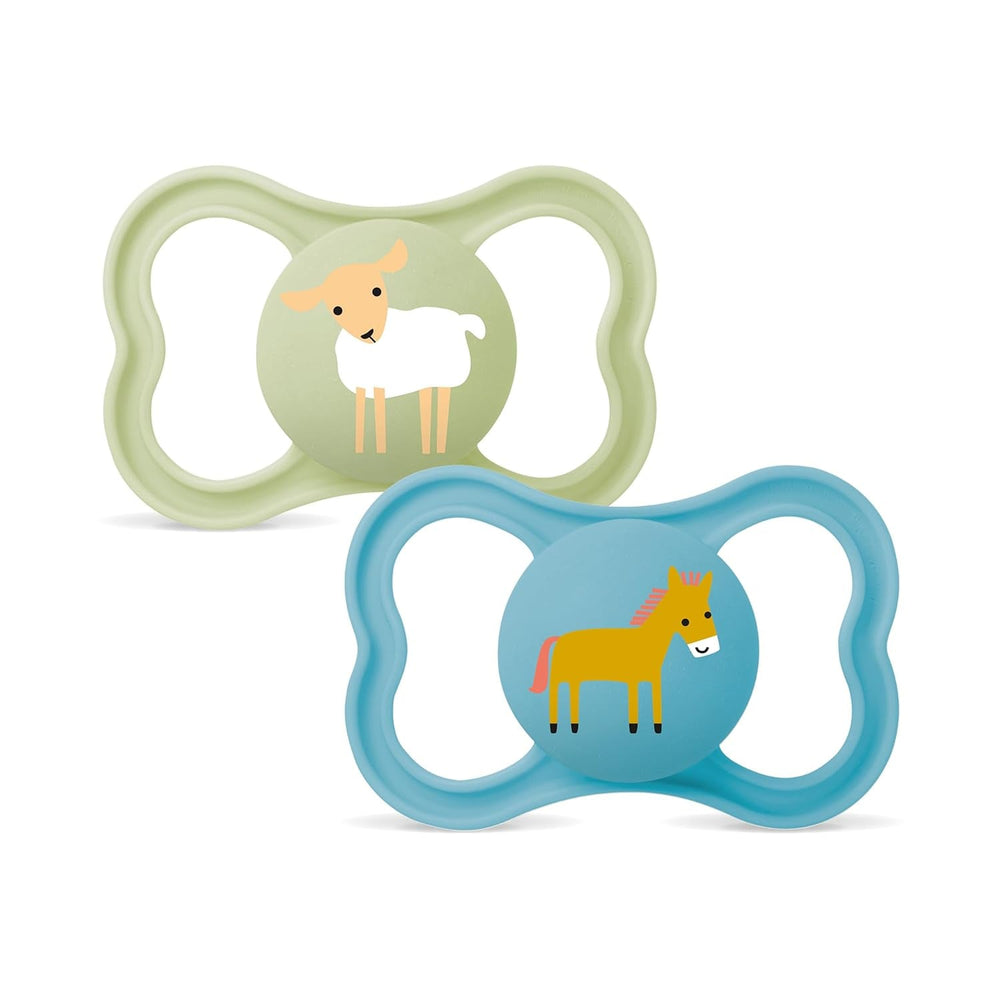 MAM Air Lot de 2 Sucettes en Silicone Extra Légères et Aérées Sucette pour Bébé Respectueuse des Dents en Silicone Spécial MAM SkinSoft avec Boîte à Sucette 6-16 Mois Ours/Rhinocéros