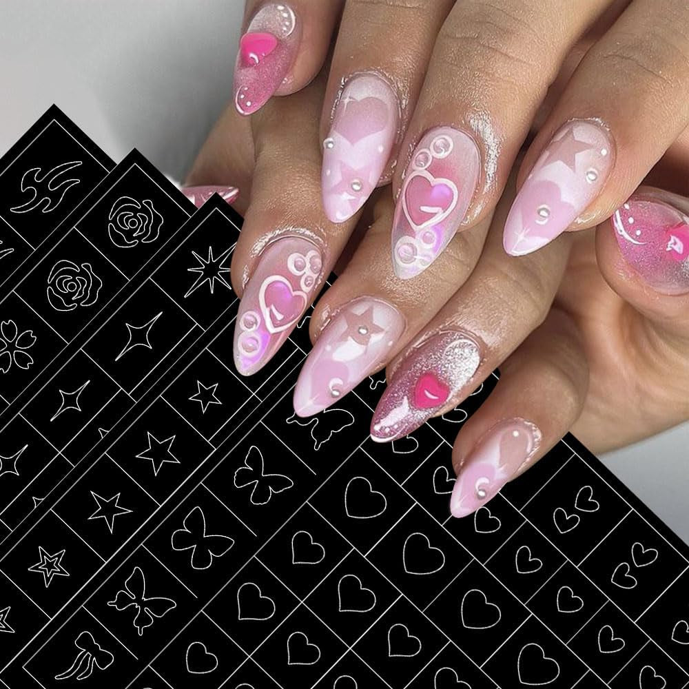 6 feuilles d'autocollants pour ongles de modèle d'aérographe, autocollants d'ongles d'étoiles de flamme de papillon, d'autocollants d'impression d'outil de pochoir d'art d'ongle autocollants auto-adhésifs pour les femmes autocollants de conception d'art d'ongle