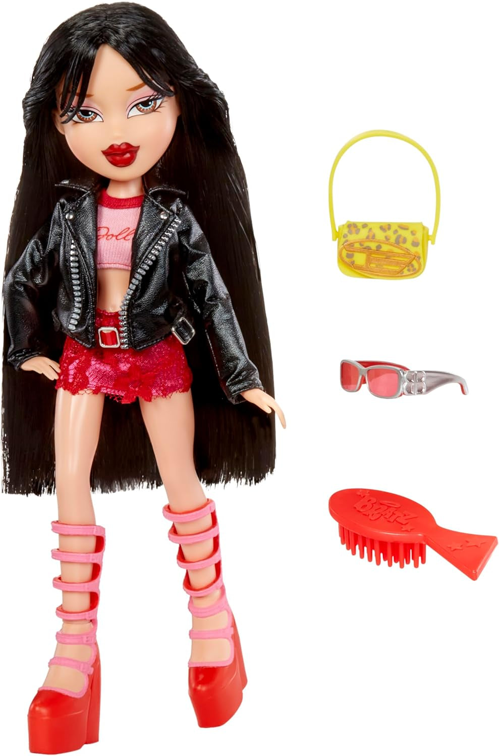 Bratz sort ! - Jade - 1 poupée de collection avec accessoires, tenue, sac, lunettes de soleil et brosse - Jouet pour enfant - 6 ans et plus, Rouge