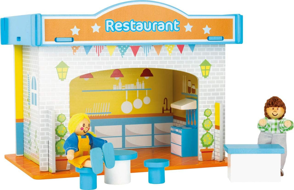 Small Foot 10852 Playhouse Restaurant En bois, Avec 2 figurines de poupée, accessoires et toit amovible, À partir de 3 ans Naty Shop Dollhouses