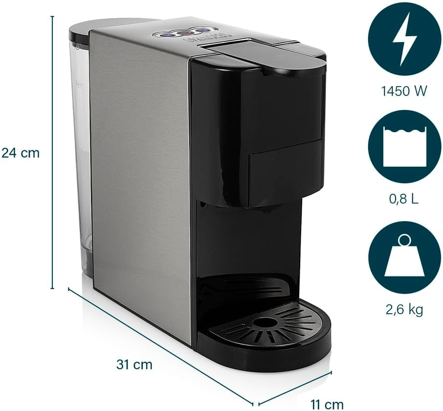 Machine à expresso multicapsules Princess 4 en 1 - 1450 watts, capsules, dosettes, café moulu, sans BPA, 249450, 01.249450.01.001, noir, argent