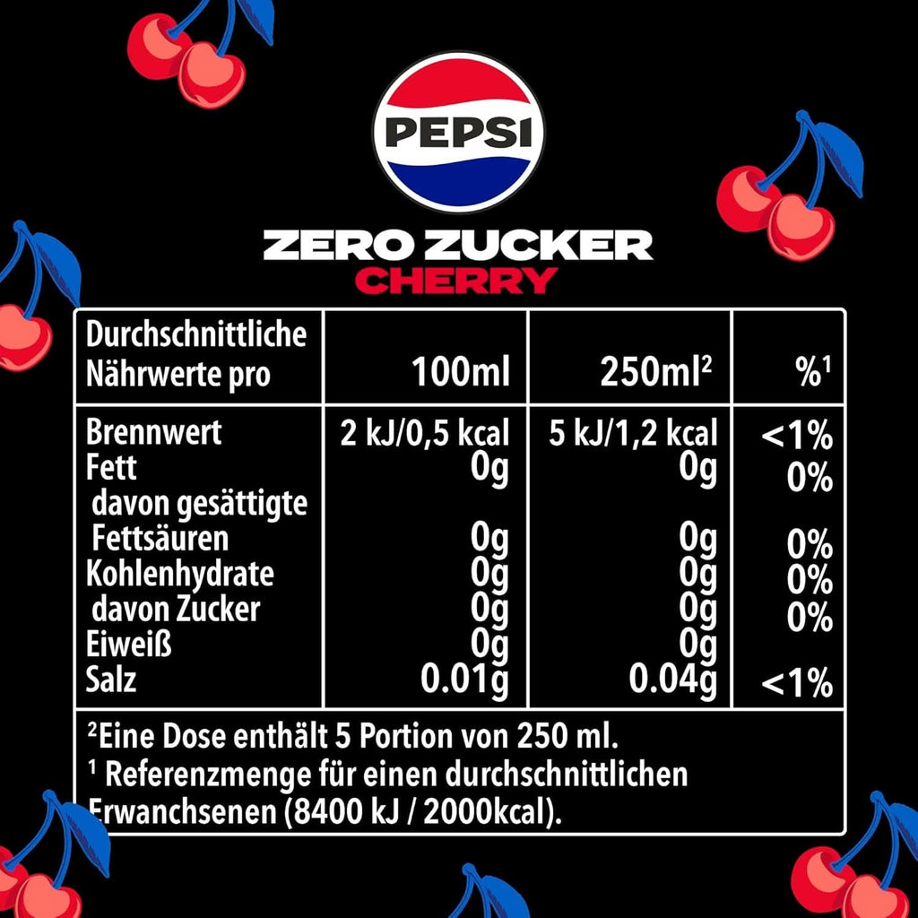 Pepsi Zero Sugar Cherry, Băutura răcoritoare fără zahăr, cola cofeinizată cu aromă de cireșe într-o sticlă, set 6 x 1,25 litri Naty Shop
