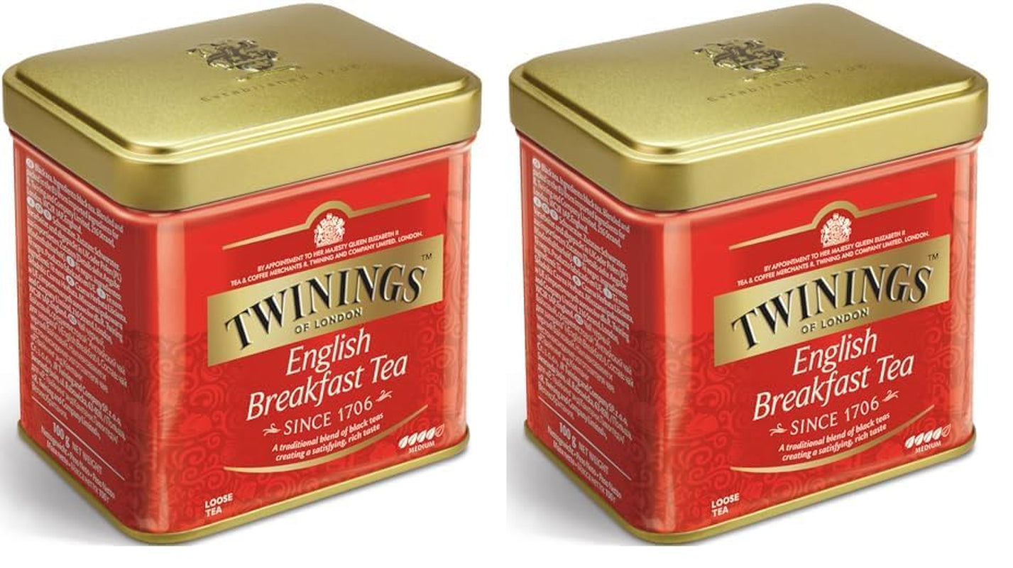 Twinings English Breakfast Tea Thé noir en vrac dans une boîte à thé Thé noir fort issu de feuilles de thé de haute qualité cueillies dans les meilleures plantations de thé du Sri Lanka et de l'Inde G, neutre, 100 grammes