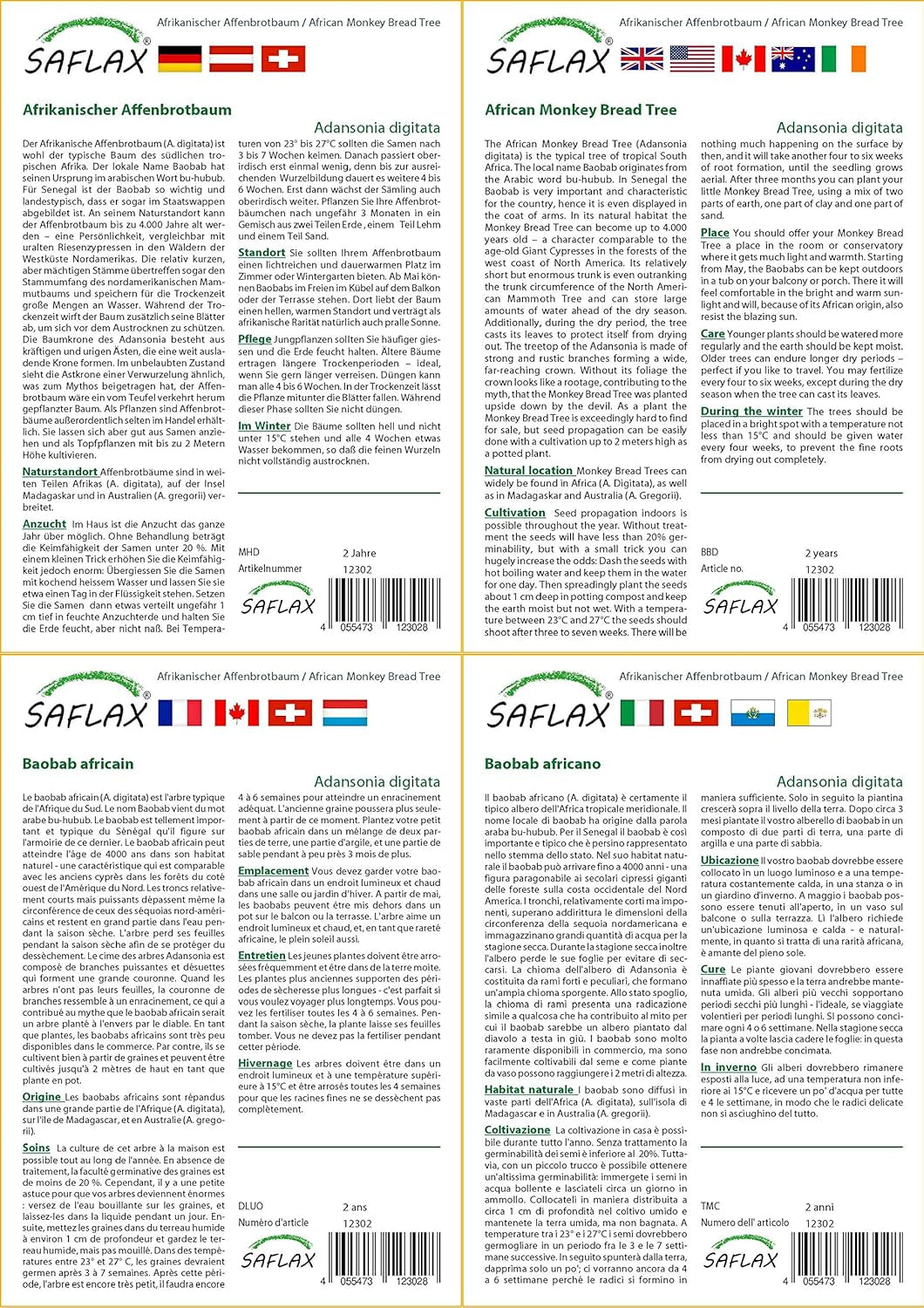 SAFLAX - Geschenk Set - Afrikanischer Affenbrotbaum - 6 Samen - Mit Geschenk- / Versandbox, Versandaufkleber, Geschenkkarte Und Anzuchtsubstrat - Adansonia Digitata