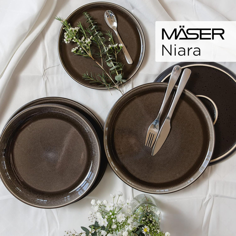 MÄSER 934020 Série Niara, Service de table moderne pour 6 personnes au look vintage passionnant, Service de petit-déjeuner en céramique de 18 pièces, Gris et noir, Grès