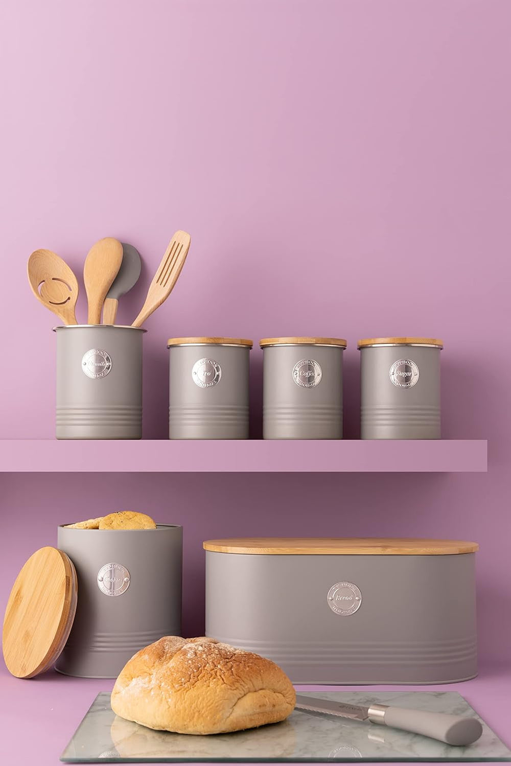 Collection LIVING, pot à biscuits avec couvercle | gris pastel | Boîte de rangement pour biscuits de 3,4 L | pot à biscuits en acier avec couvercle | Bocaux de conservation hermétiques en bambou avec couvercles Naty Shop Boîtes de conservation des aliments