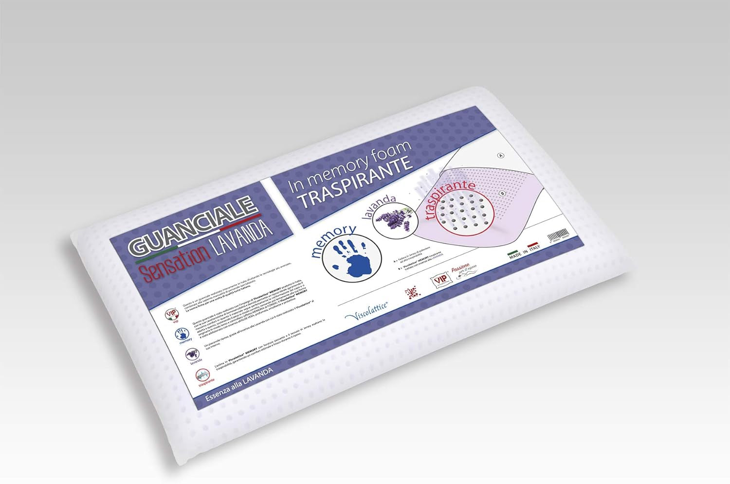 VIP. Oreiller Very Important Oreiller savon, boucles, mousse à mémoire de forme, avec traitement lavande, 42 X 72 X 11, Fabriqué en Italie, blanc, C.854492 Oreillers standard Naty Shop Savon blanc avec trou de boucle Viscolattice Memory Con Trattamento Lavender - Saponetta