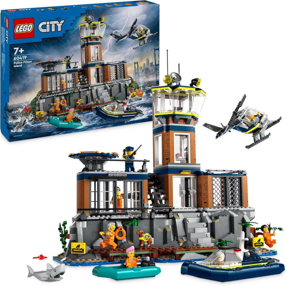 LEGO City Polizeistation auf der Gefängnisinsel, Polizei Spielzeug mit Hubschrauber, Boot und Hai, Set mit 7 Minifiguren und Hund, Geschenk zum Geburtstag für Jungen und Mädchen ab 7 Jahren 60419