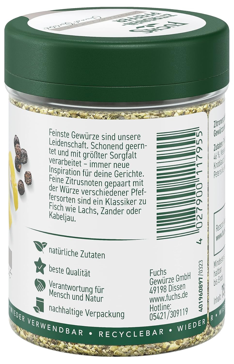 Fuchs Gewürze - Citronenpfeffer Gewürz - Gewürzzubereitung für Lachs, Zander und Kabeljau - ingrédients naturels - 75 g en dose variable, recyclable