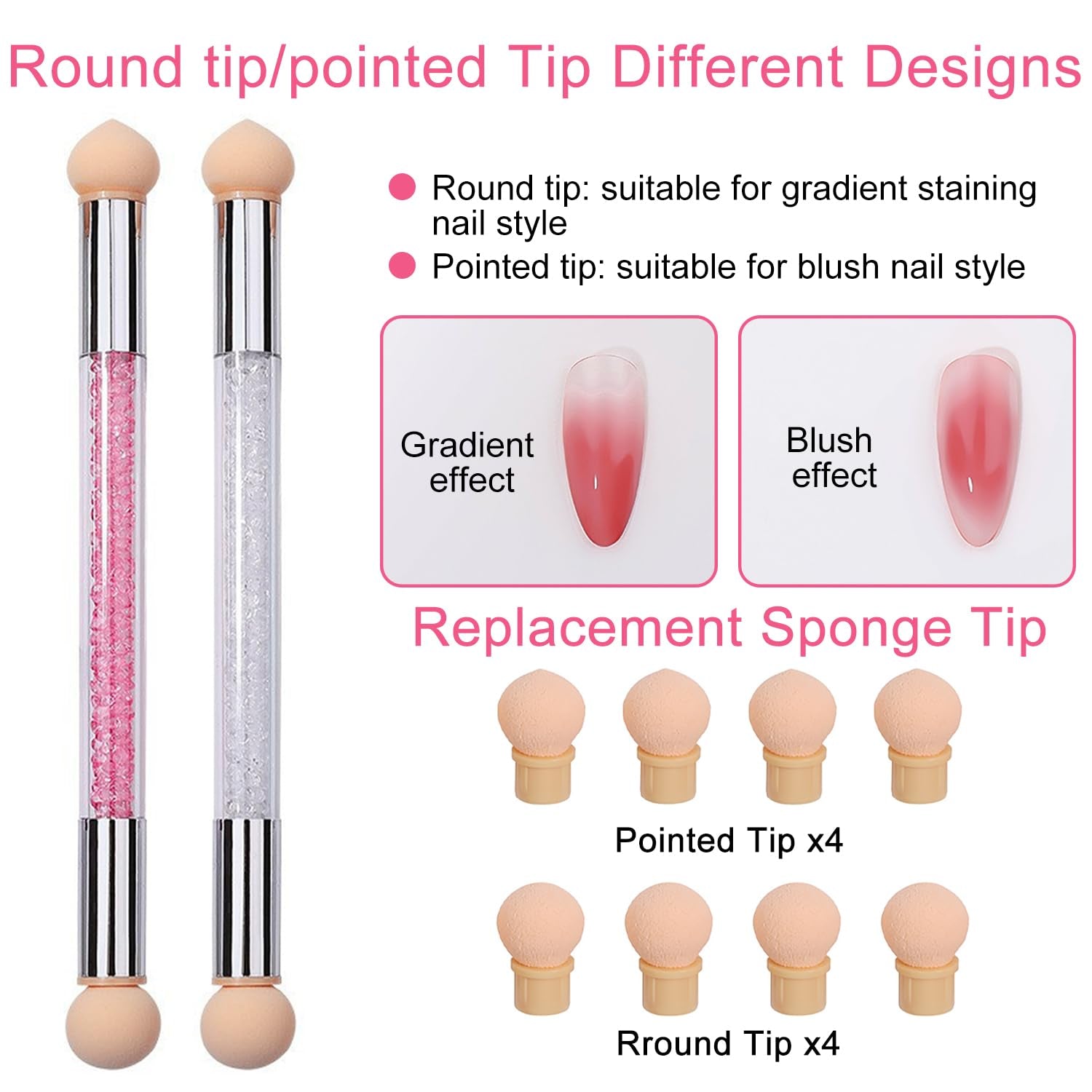 2 pièces Nail Art Rendering-Werkzeuge Doppelter Kopf, éponge pinceau applicateur Inkl 8 Ersatzköpfe, Nail Art Schwamm et Tupfpinsel (blanc, rose)