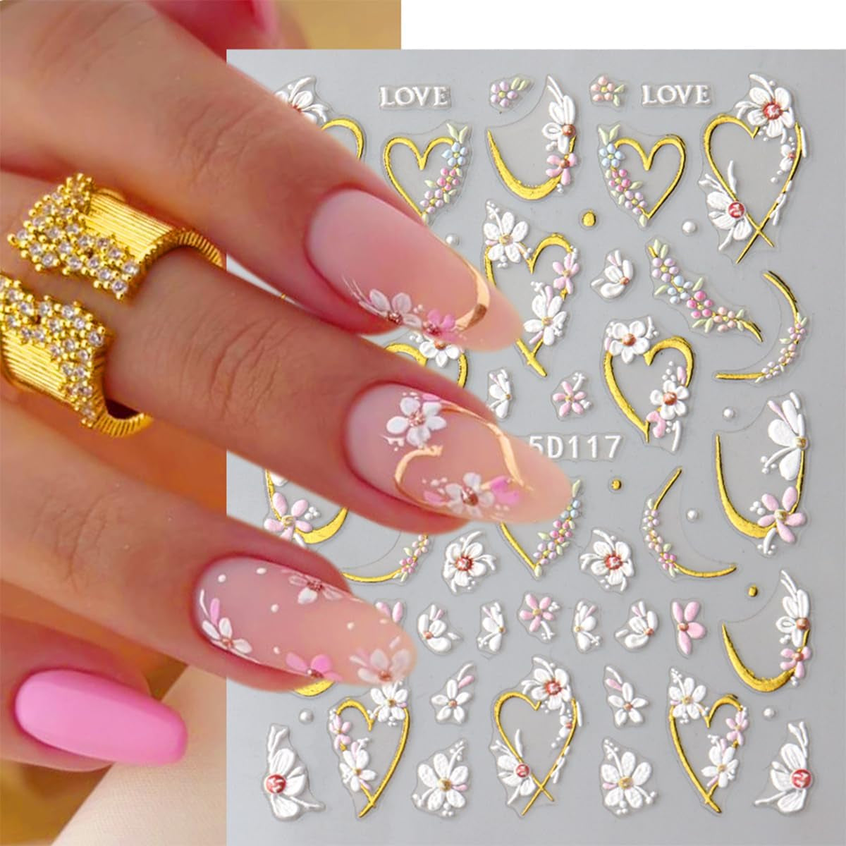 JMEOWIO 3D Nail Art Autocollant Fleur Nail Art Autocollant Selbstklebend Nagelaufkleber 5D Stéréoscopique Frühling Sommer Floral Décoration Nageldesign Zubehör 4 Blatt