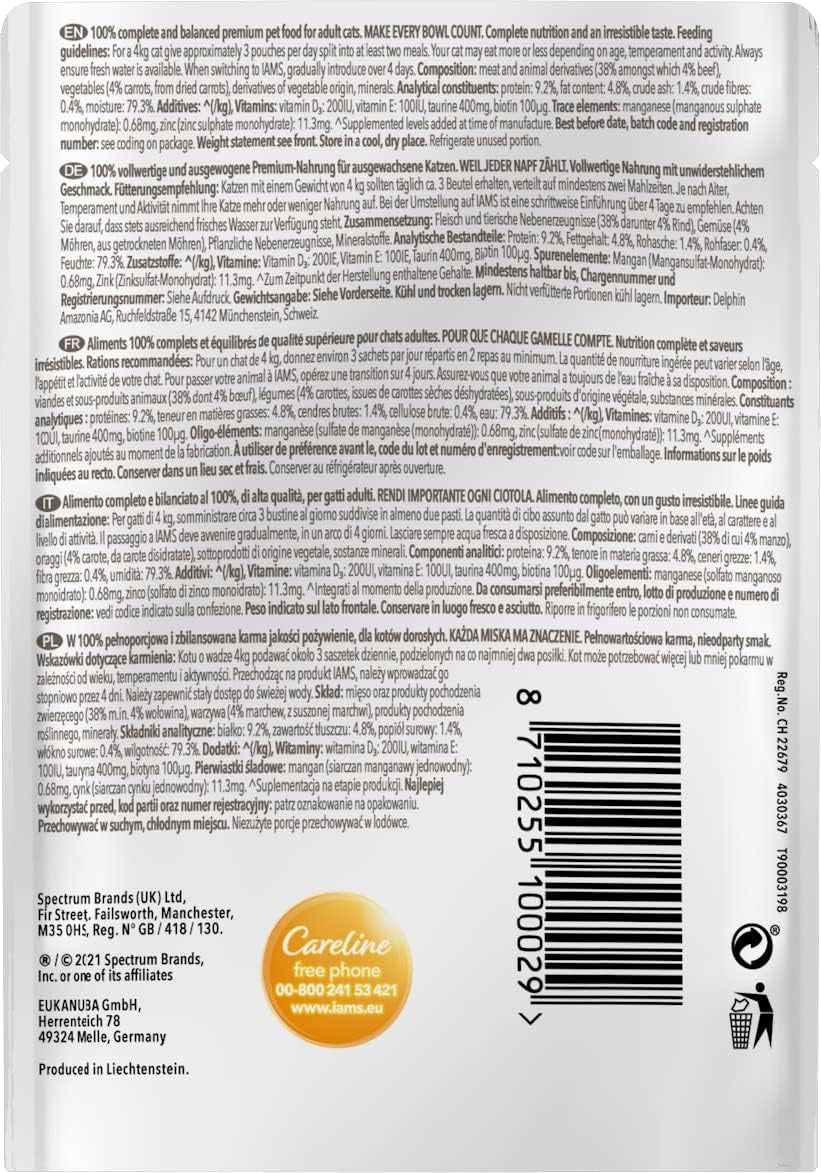 IAMS Delights Nourriture humide pour chat au bœuf juteux et carottes en gelée – Nourriture humide complète pour chat adulte, 24 sachets x 85 g
