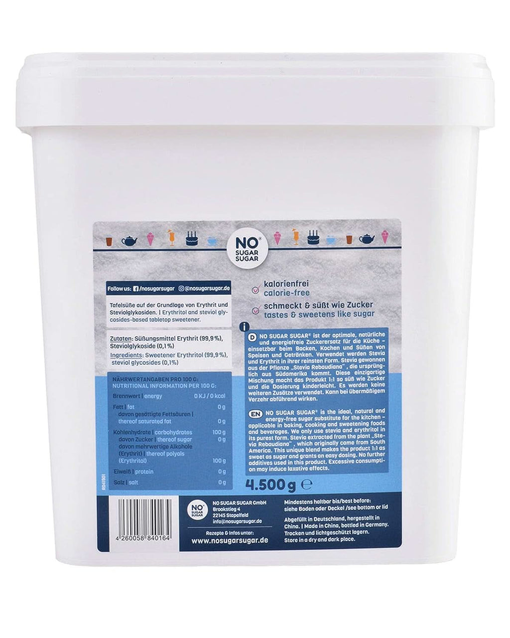 NO SUGAR, Erythritol + Stevia Înlocuitor natural de zahăr fără calorii 1:1 dulceață în comparație cu zahărul, fără aromă, 4,5 Kg Indulcitori Naty Shop