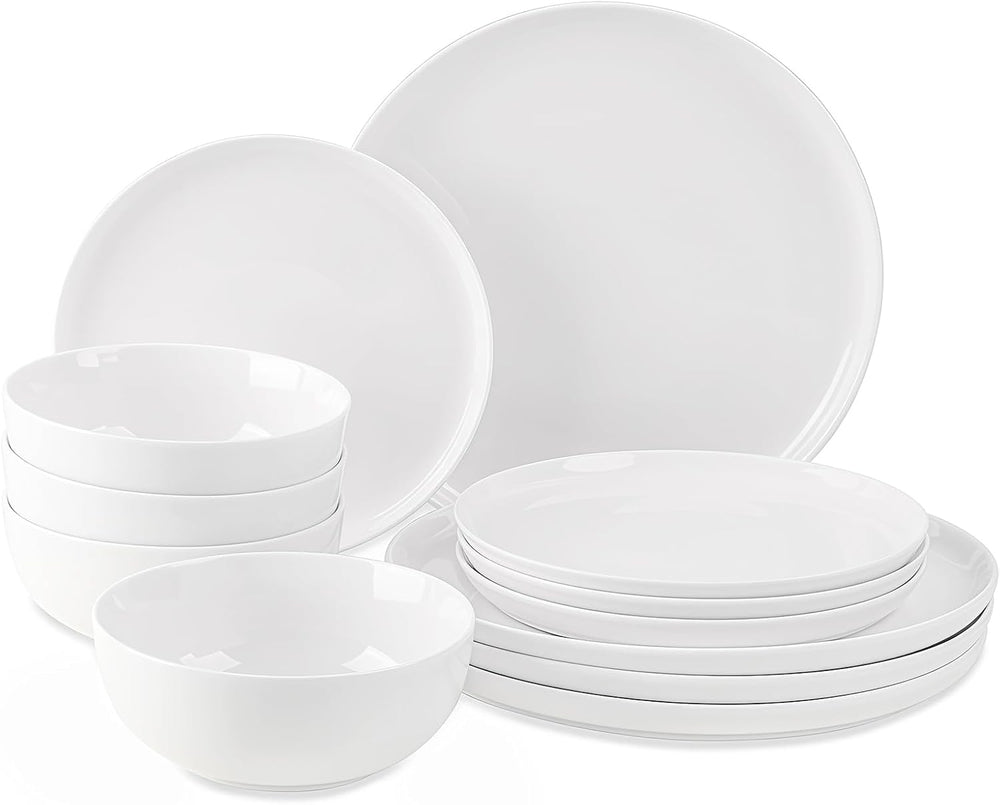 Service de table 12 pièces, service de table en porcelaine pour 4 personnes, service de table blanc avec assiettes, assiettes à dessert et bols à céréales