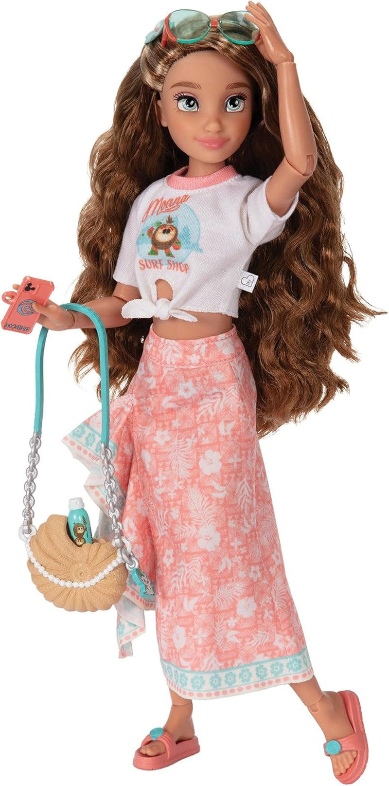 Poupée Vaiana avec accessoires, 29cm, 13 points d'articulation, sous licence officielle Jakks Pacific. Complet avec des accessoires combinables et une bague Mickey étincelante !