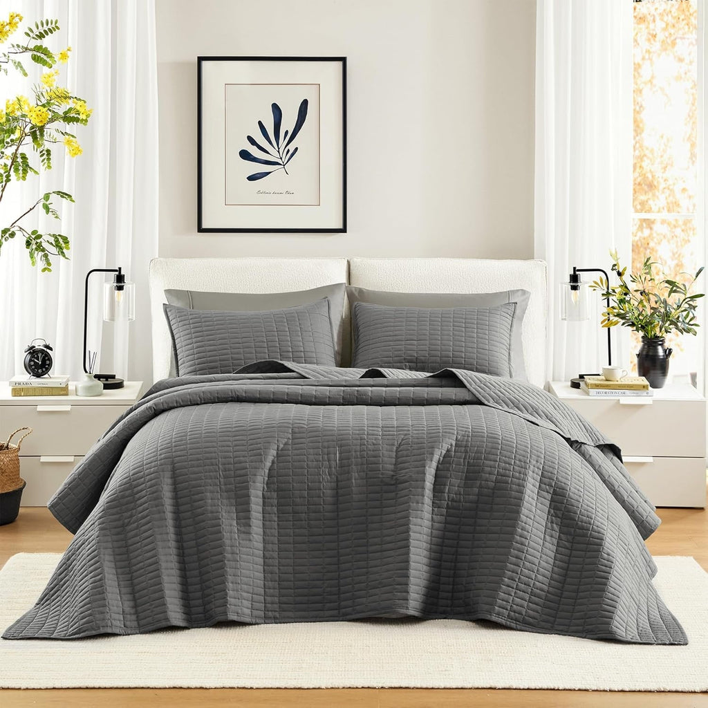 Comfort Spaces Kienna Quilt Set, cusături duble de lux, pătură de vară, ușoară, moale, lenjerie de pat pe tot parcursul anului, față de pernă asortată, albă, pătură pentru paturi King Size (264.2 X 228.6 Cm), Plapumi si pilote Naty Shop Gri închis Cuvertură de pat supradimensionată King(120"X118")