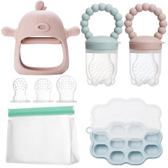Mangeoire à lait maternel pour bébé, mangeoire à fruits, contient 2 mangeoires à fruits en silicone, stockage des aliments pour bébé, jouet de dentition pour bébé, 5 tétines en silicone en 3 tailles, sans BPA (bleu et rose)