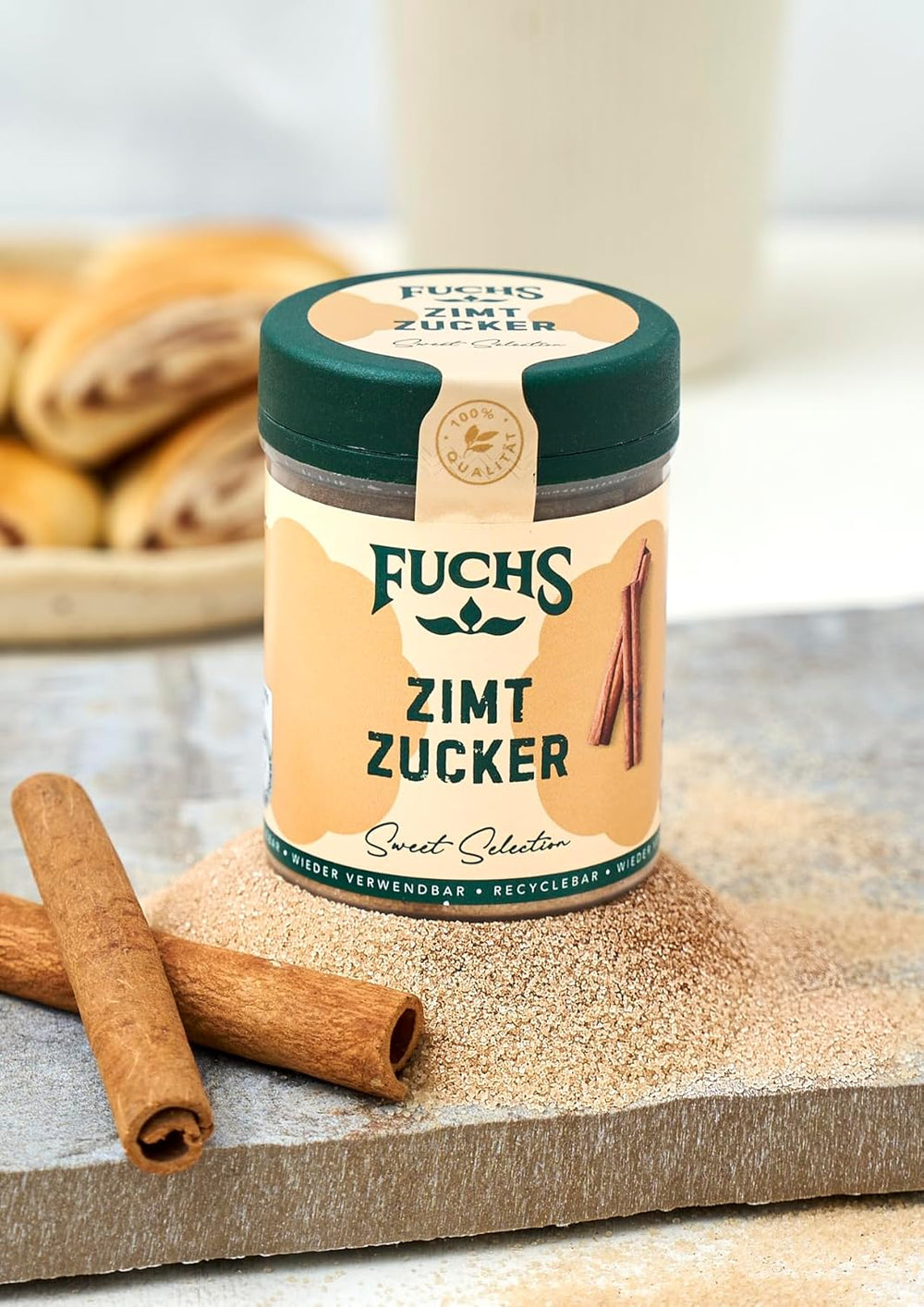 Fuchs Gewürze - Zimt Zucker - Klassisches Gewürz für Milchreis, Pfannkuchen oder Wafeln - aus natürliche Ingredient - 100 g in wiederverwendbarer, recyclebarer Dose