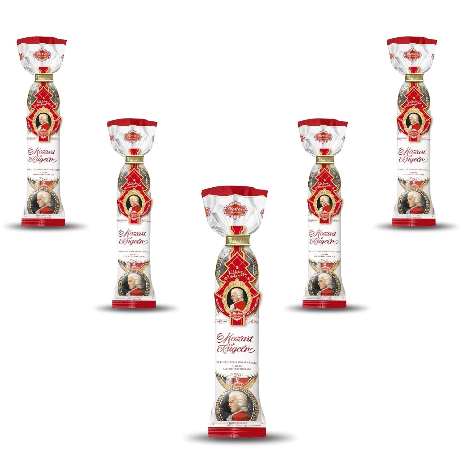 Boules Reber Mozart - 5 sachets de 5 bonbons dans l'édition de Noël - Authentiques boules Reber Mozart, à base de chocolat noir, pâte d'amande et nougat