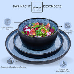 SÄNGER Aruba | Service de table en grès pour 6 personnes, 6 assiettes plates, 6 assiettes petit-déjeuner, 6 assiettes plates, 6 bols à pâtes, bleu avec bord noir | LA COLLECTION VALEUR