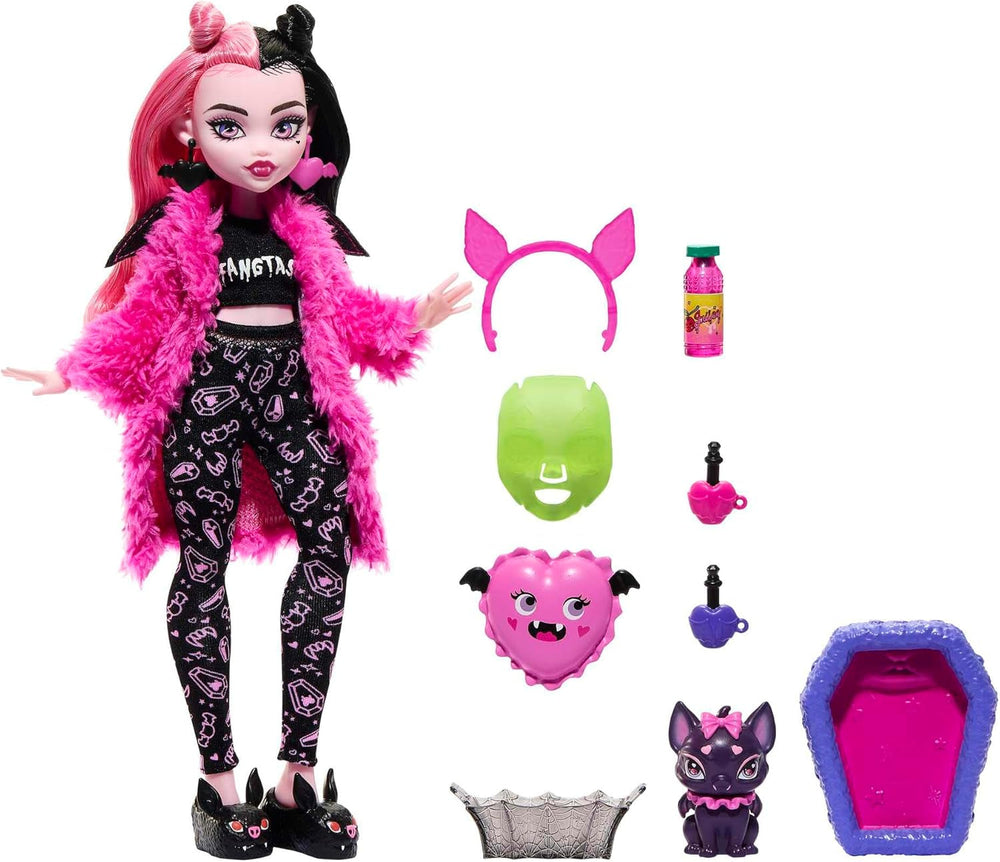 MONSTER HIGH – poupée et pyjama, accessoires de fête, Draculaura, comte de chauve-souris, poupée fabuleuse, fête rampante pour animaux de compagnie, HPY66 Naty Shop Dolls