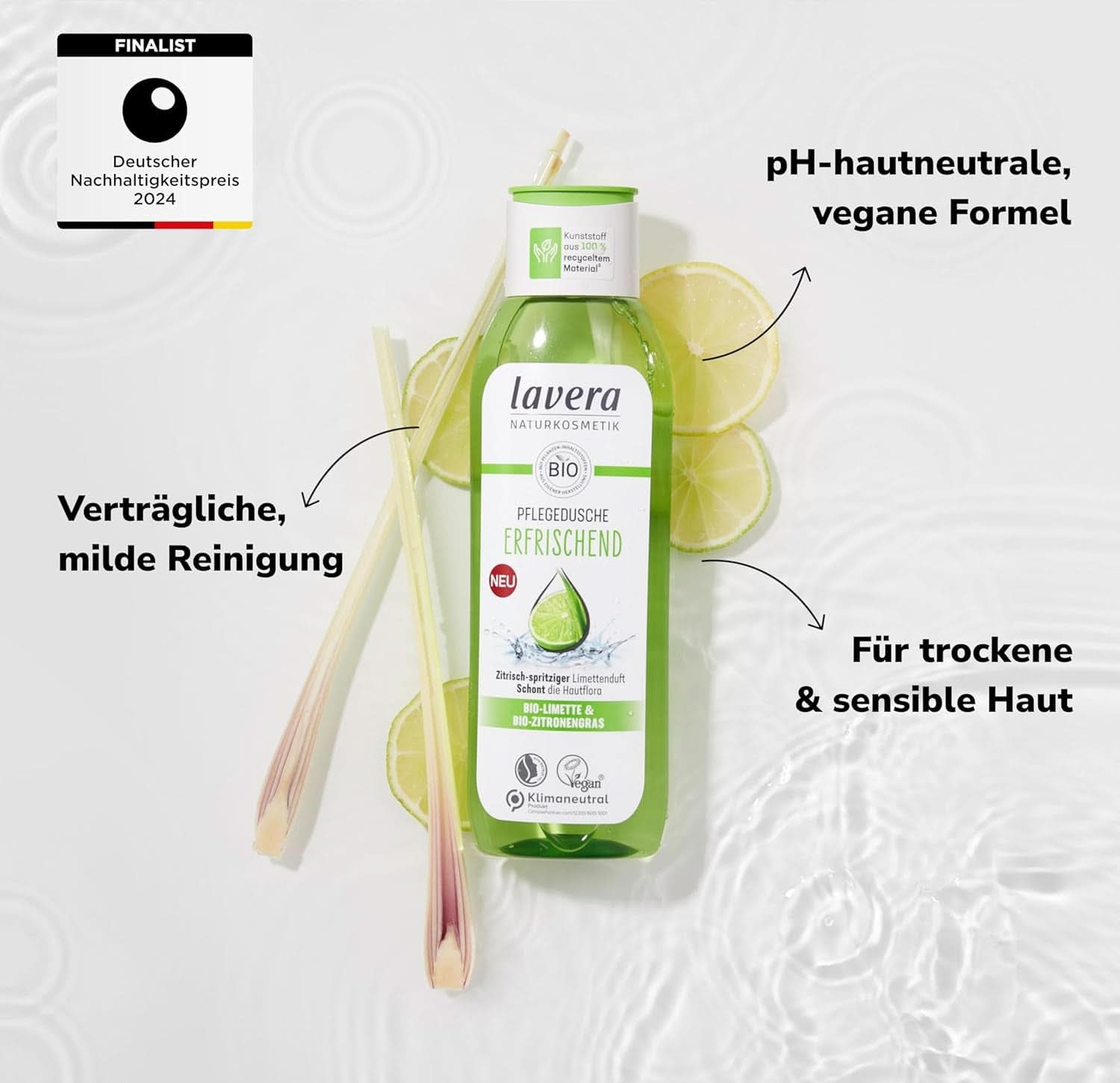 Lavera, Gel douche rafraîchissant au citron vert bio, 250 ml Douche et bain Naty Shop