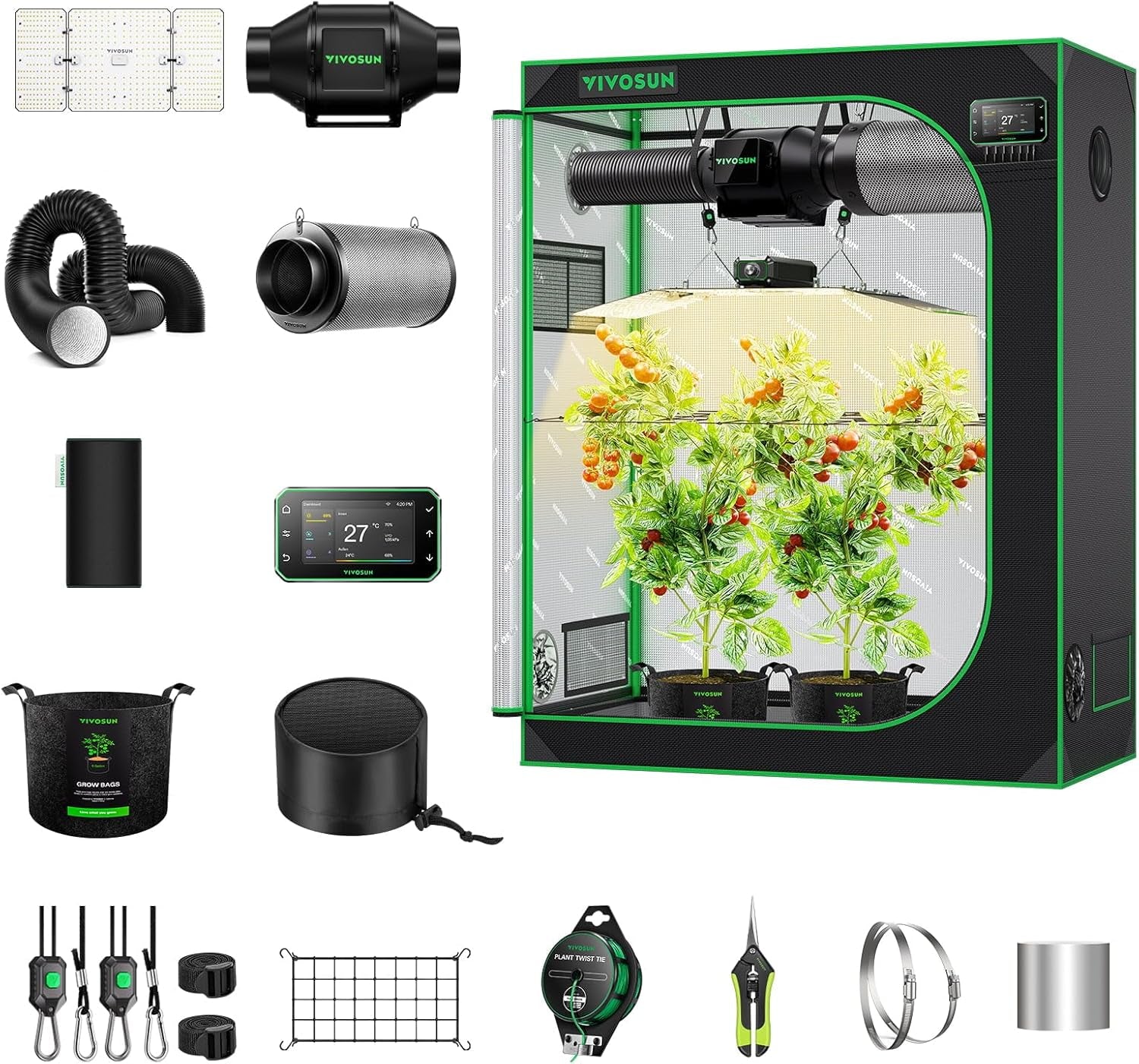 VIVOSUN Smart Grow Tent Full Set 60x60x120cm, système de culture automatique WiFi intégré avec lumière LED à spectre complet de 100 W et système de ventilation efficace avec contrôleur GrowHub E42A+