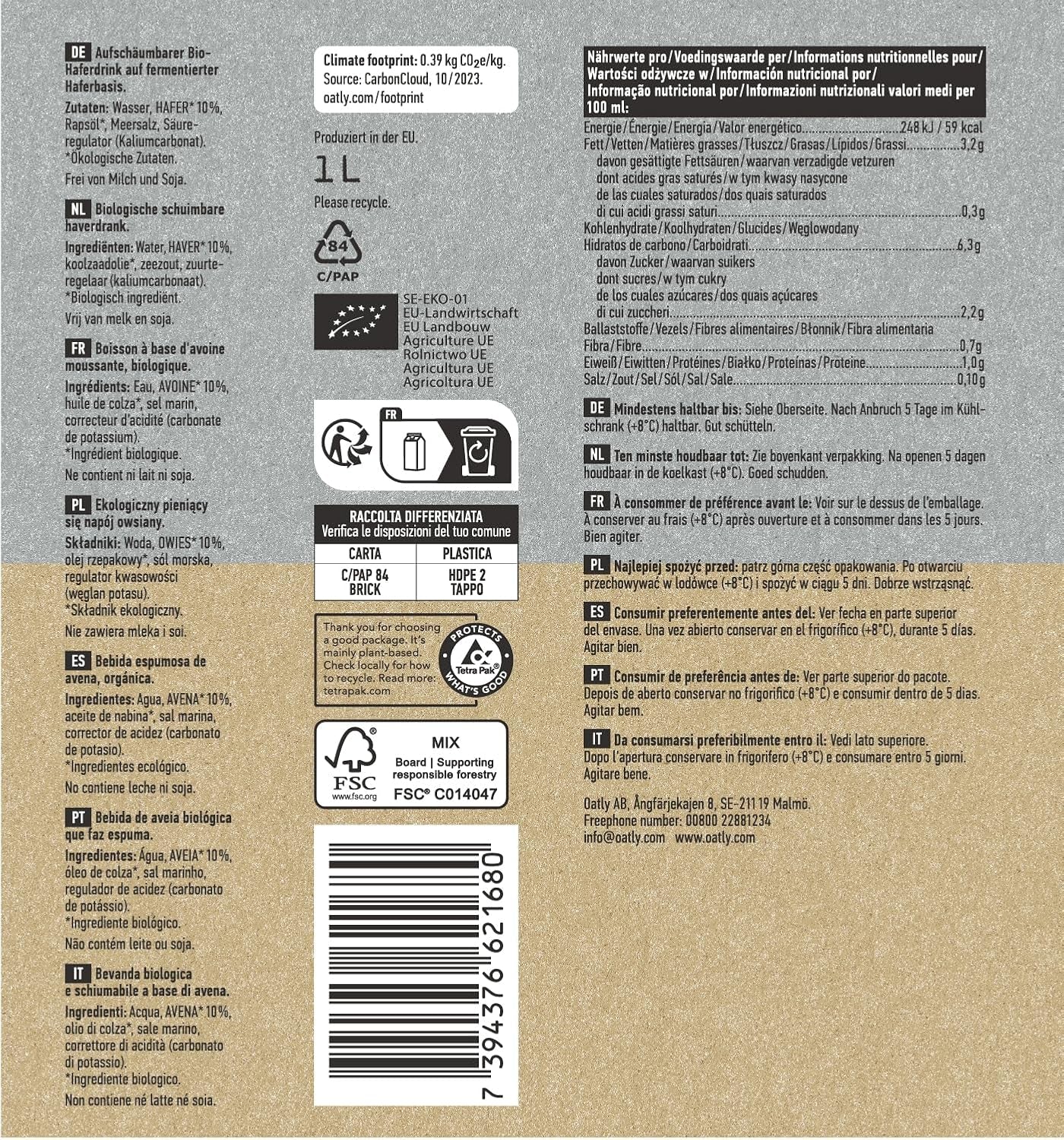 Oatly Haferdrink Bio Barista 1l (Pack de 6)