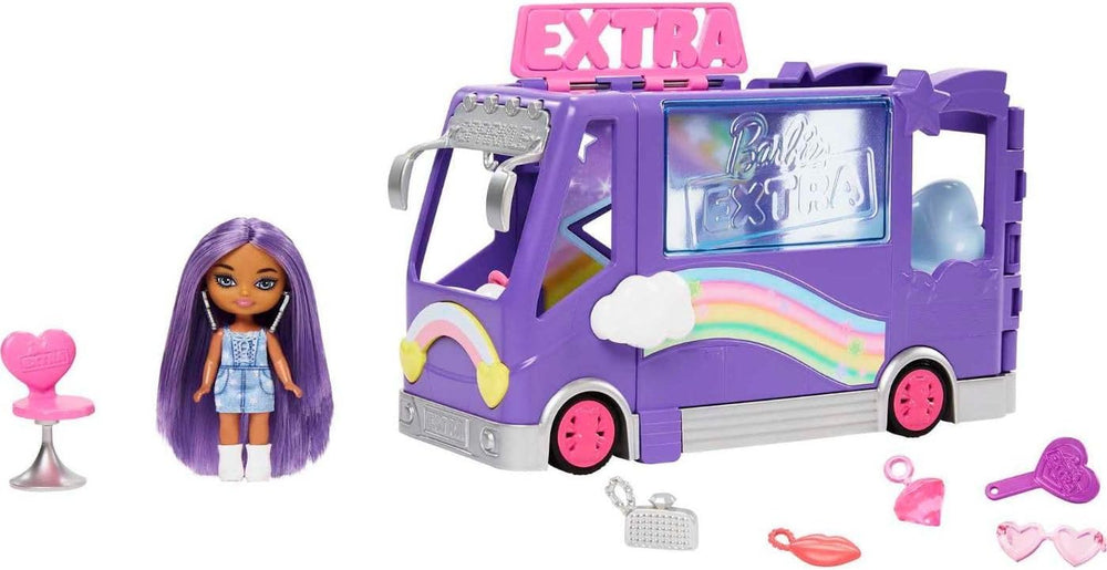 Poupée Barbie Extra Mini Minis, poupée Extra Mini Minis avec fourgon de tourisme à paillettes supplémentaires, comprenant une station de maquillage et des accessoires de spectacle, cadeau pour enfants, jouet pour 3 ans et plus, HKF84