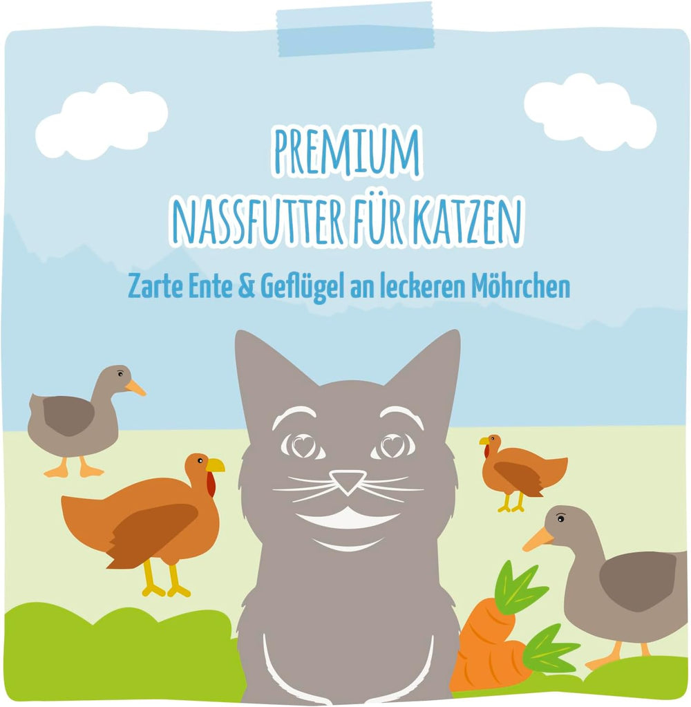 MjAMjAM - Nourriture humide de qualité supérieure pour chats - Canard et volaille tendres avec de délicieuses carottes, 1 paquet (1 x 400 g), sans céréales avec viande supplémentaire