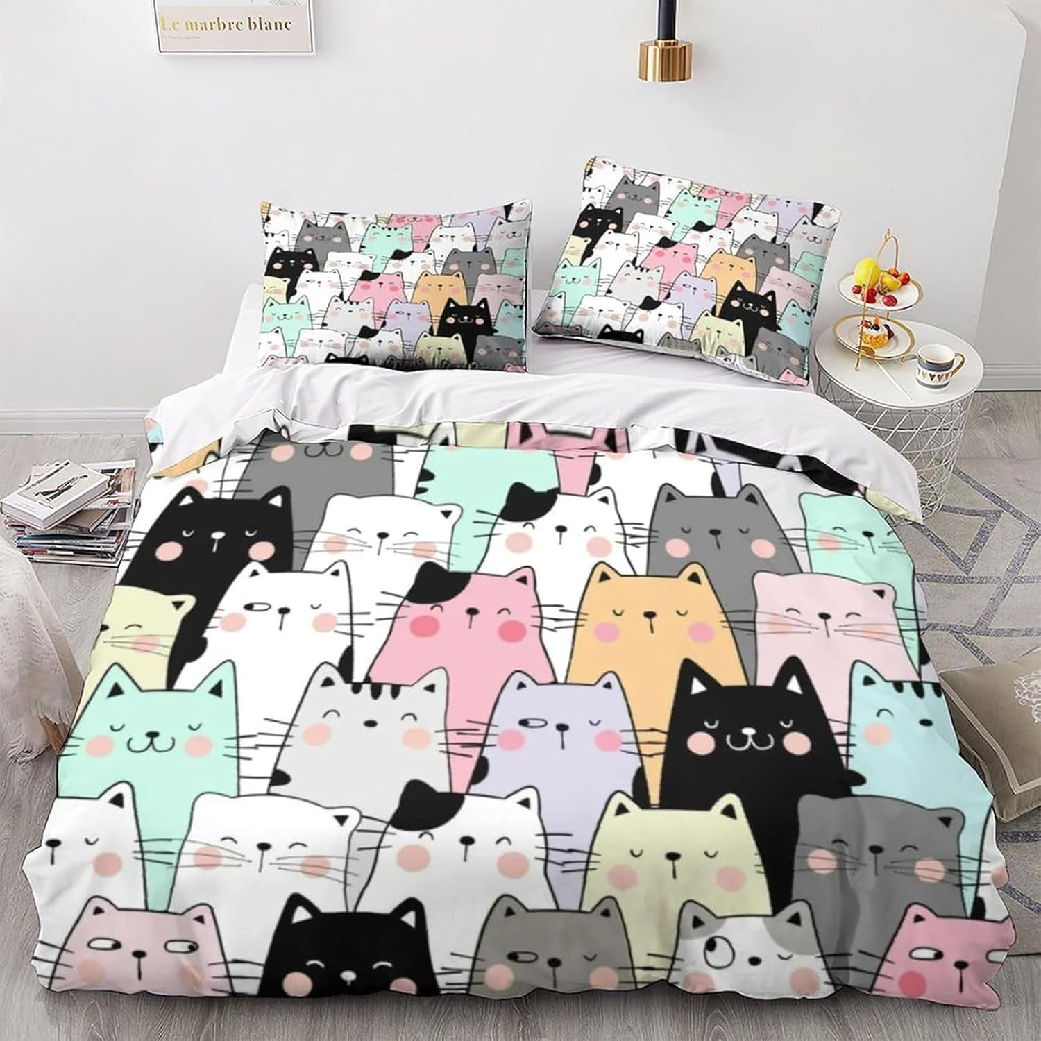 Kids Mädchen Cute Katze Kitty Katzenmotif Bettwäsche Kinder Katzenbettwäsche Kinderbettwäsche Lit Housse de Couette Ensemble de Literie 135×200Cm