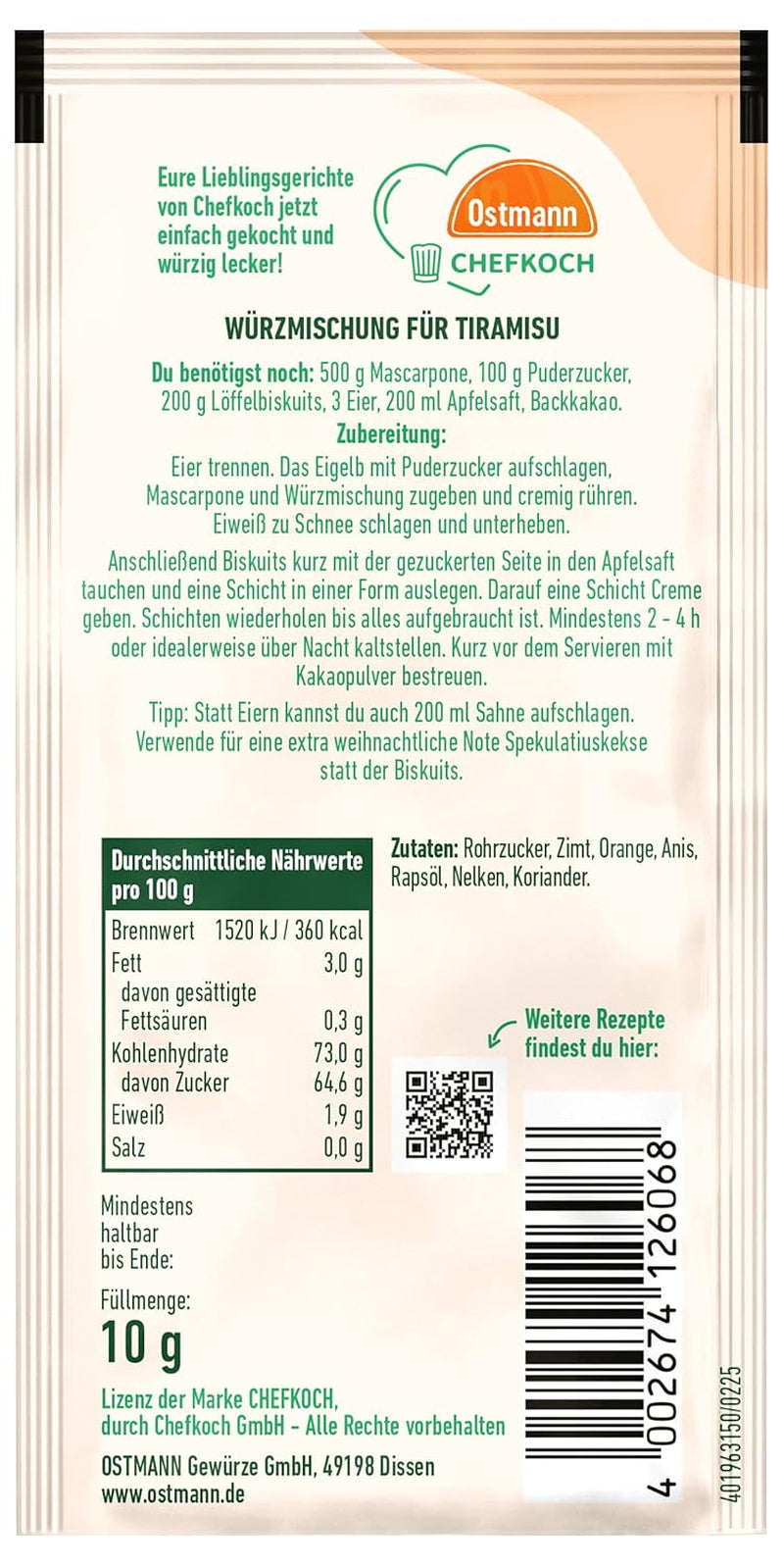 Ostmann Gewürze x Chefkoch - Apfel-Zimt-Tiramisu Würzmischung | Abgestimmt auf 4 Portions | Y compris Schritt-für-Schritt-Rezept et Mengenangaben | 10 g en sachet